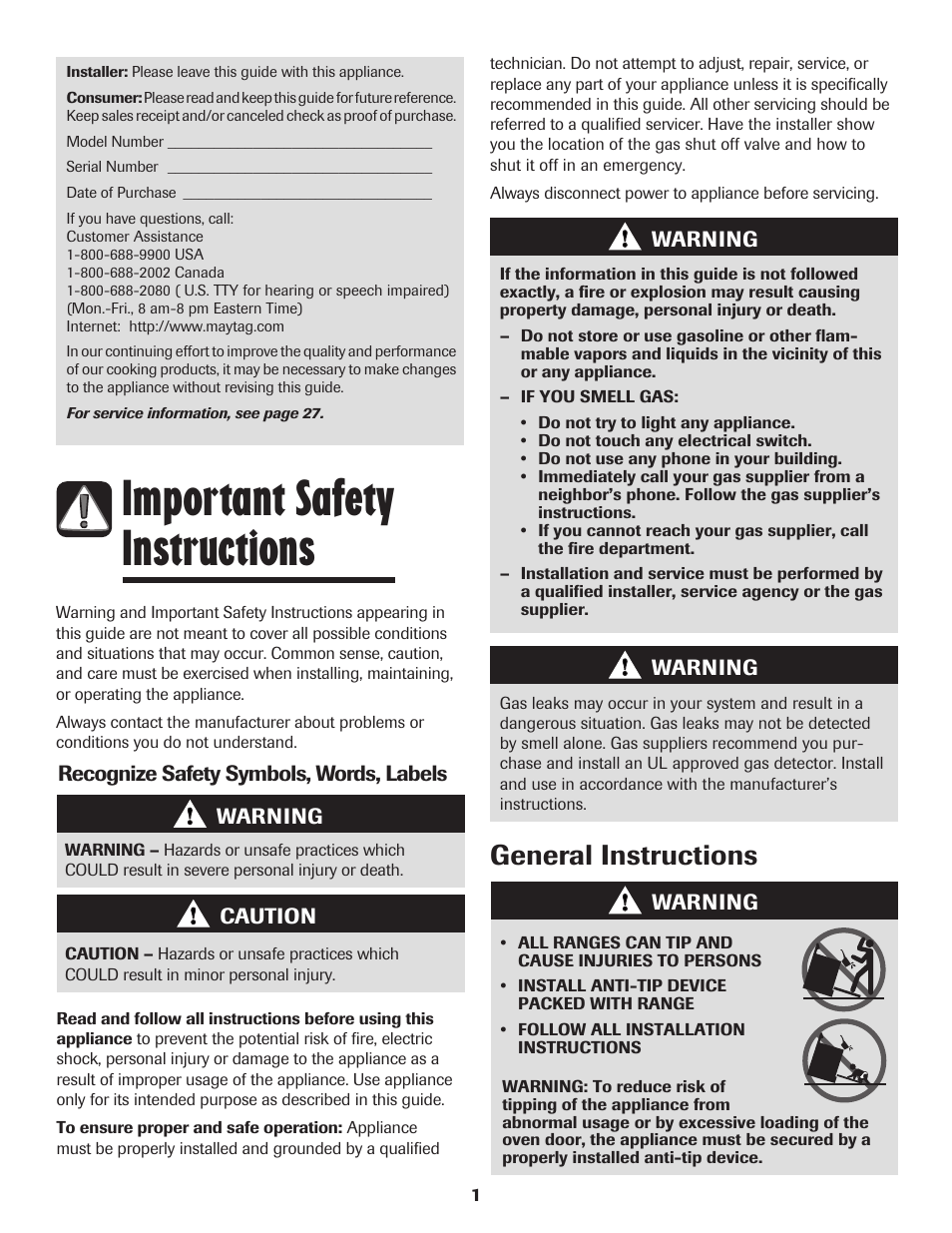 Important safety instructions, General instructions | Maytag MGR5775QDW User Manual | Page 2 / 84