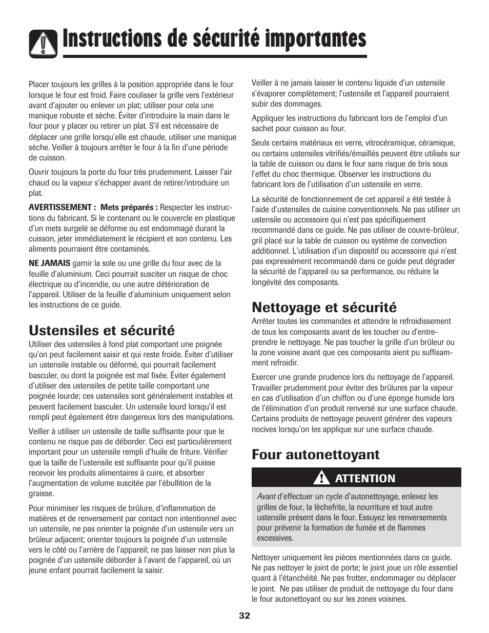 Instructions de sécurité importantes, Ustensiles et sécurité, Nettoyage et sécurité | Four autonettoyant | Maytag MGR5775QDW User Manual | Page 33 / 84