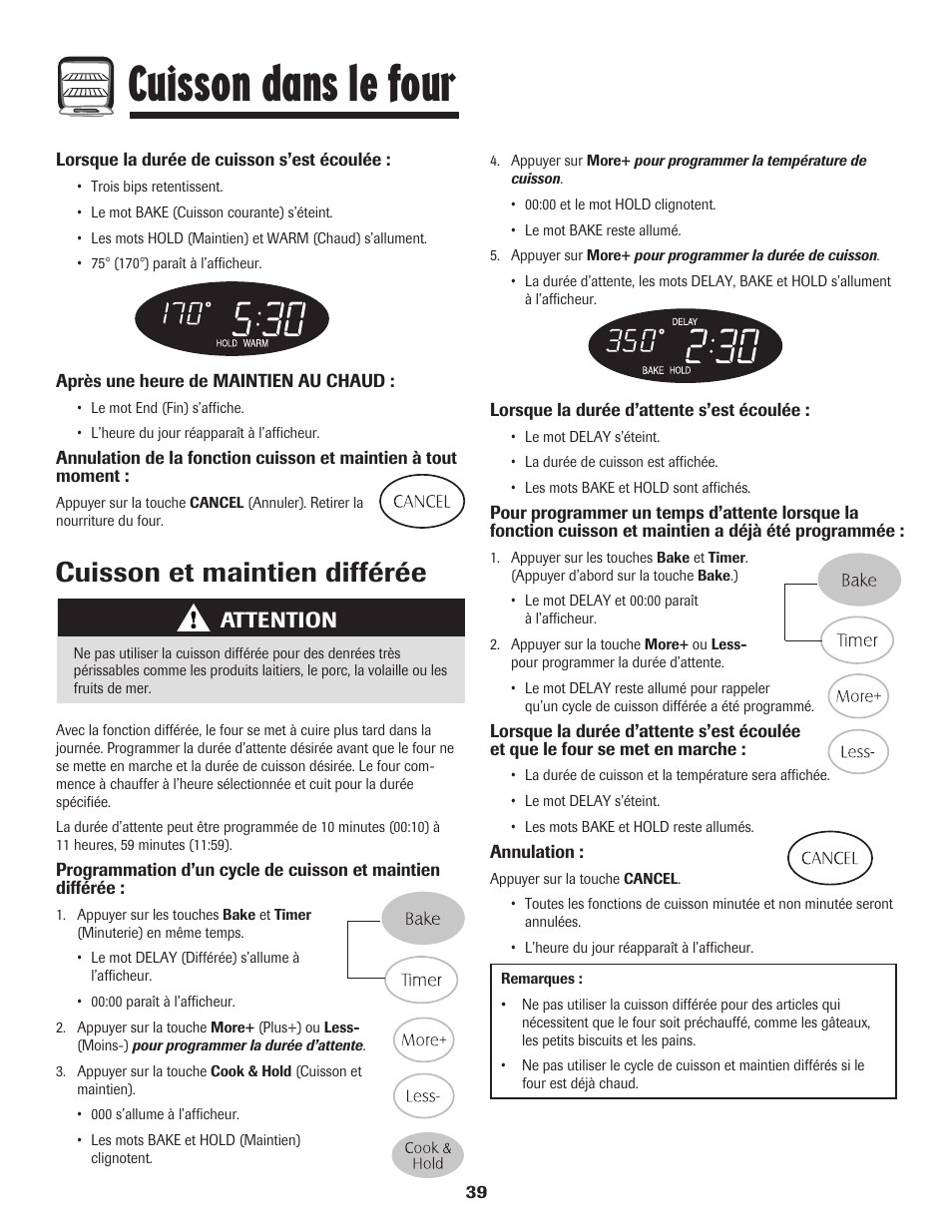 Cuisson dans le four, Cuisson et maintien différée, Attention | Maytag MGR5775QDW User Manual | Page 40 / 84