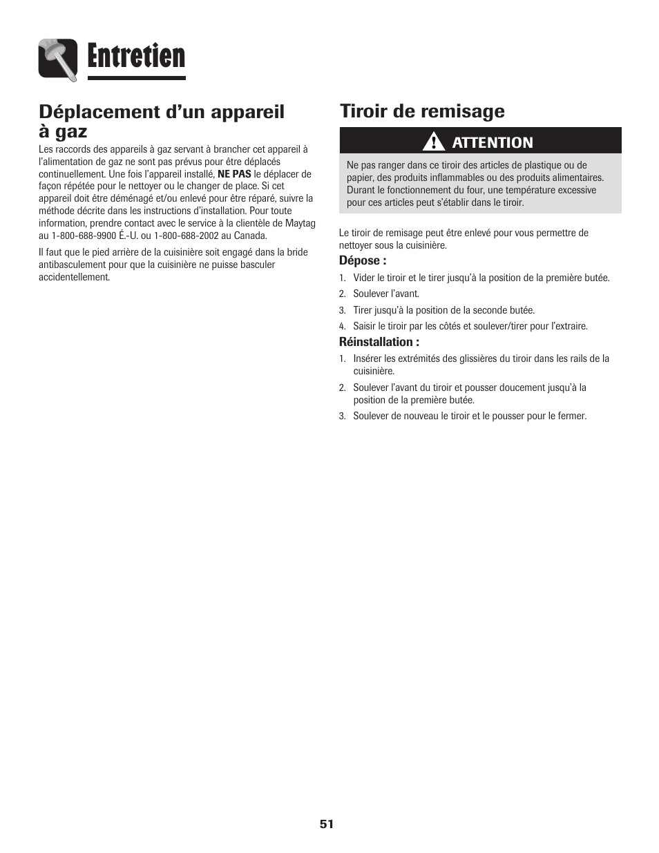 Entretien, Tiroir de remisage déplacement d’un appareil à gaz | Maytag MGR5775QDW User Manual | Page 52 / 84