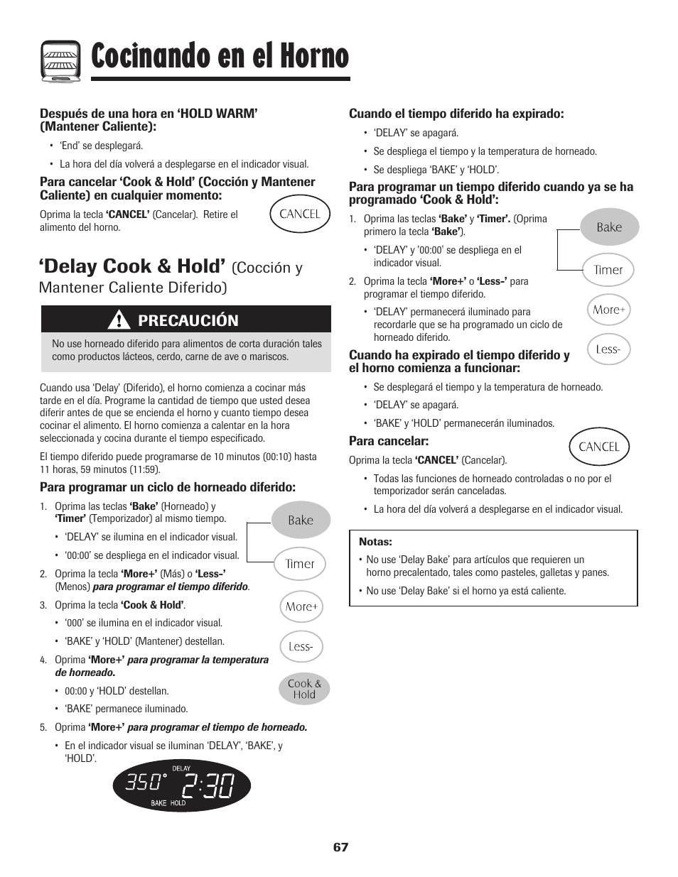 Cocinando en el horno, Delay cook & hold, Cocción y mantener caliente diferido) | Precaución | Maytag MGR5775QDW User Manual | Page 68 / 84