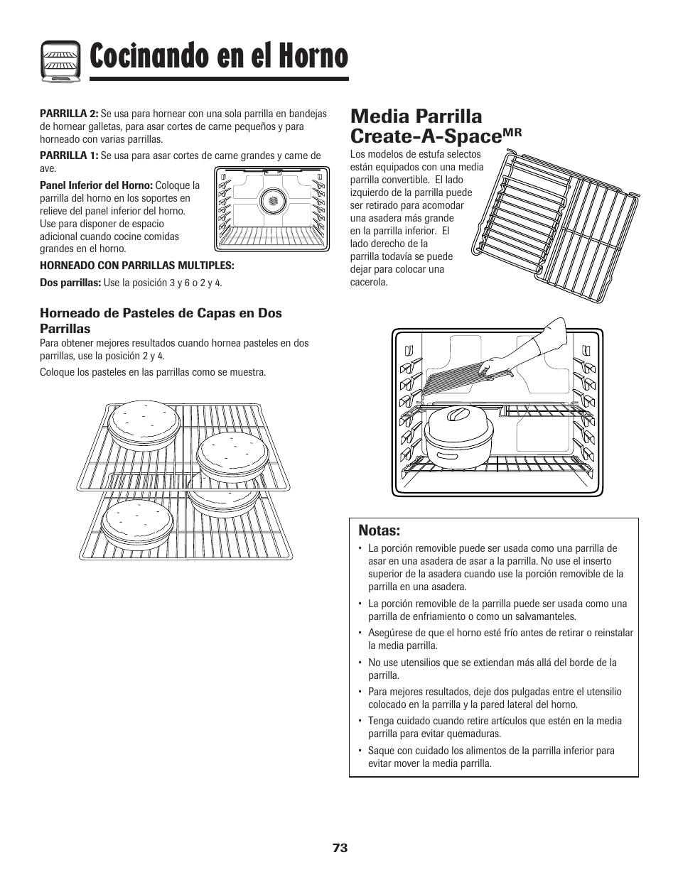 Cocinando en el horno, Media parrilla create-a-space, Notas | Maytag MGR5775QDW User Manual | Page 74 / 84