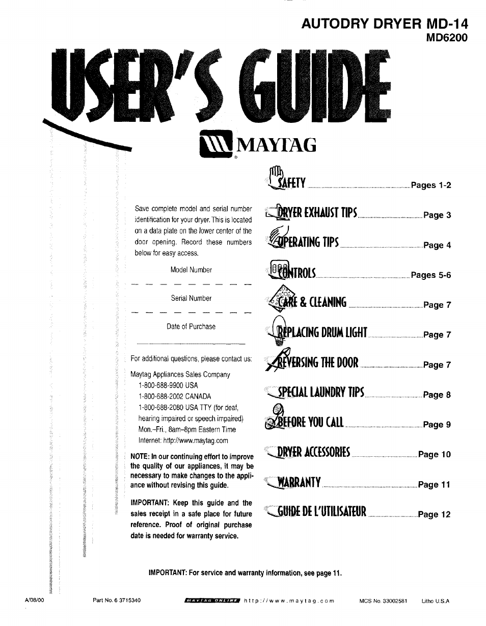 Maytag MD6200 User Manual | 12 pages