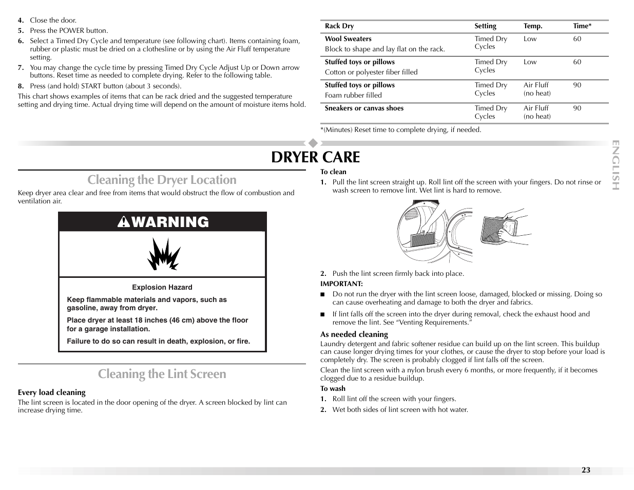 Dryer care, Warning, Cleaning the dryer location | Cleaning the lint screen | Maytag Epic z W10112943A User Manual | Page 23 / 84
