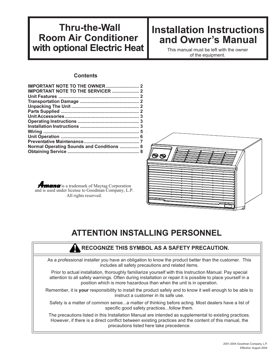 Maytag Thru-the-Wall Room Air Conditioner User Manual | 8 pages