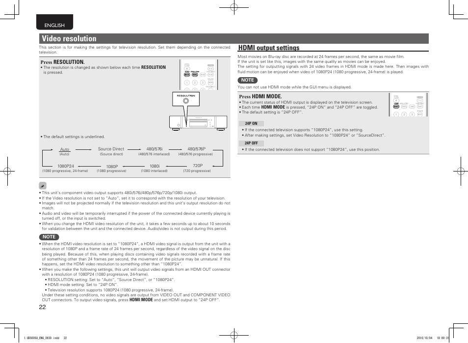 Video resolution, Hdmi output settings | Marantz 5411 10470 007M User Manual | Page 26 / 72