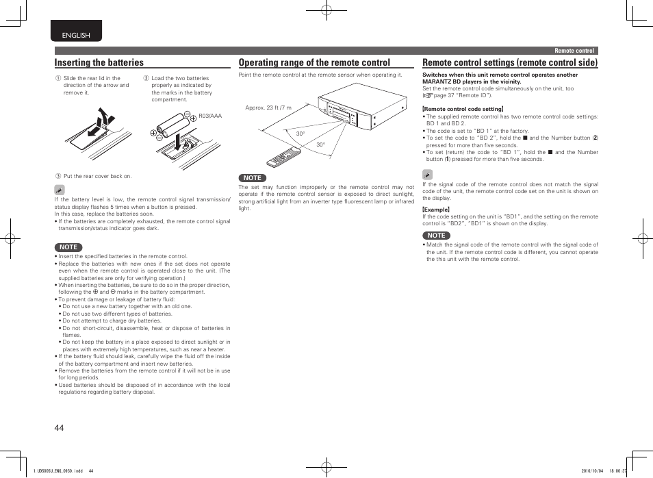 Operating range of the remote control, Inserting the batteries, Remote control settings (remote control side) | Marantz 5411 10470 007M User Manual | Page 48 / 72