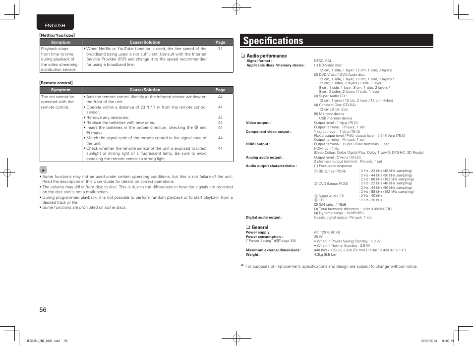 Specifications | Marantz 5411 10470 007M User Manual | Page 60 / 72