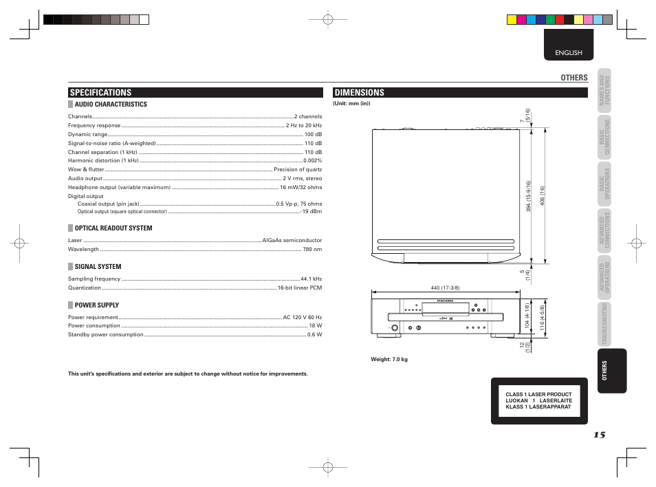 Specifications, Dimensions | Marantz 541110307024M User Manual | Page 17 / 19