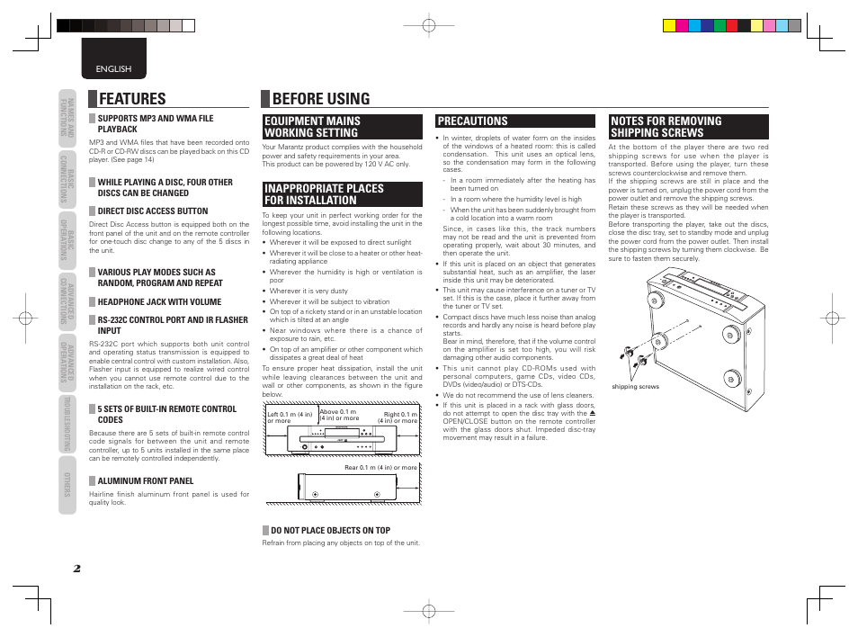 Features, Before using, Equipment mains working setting | Inappropriate places for installation, Precautions | Marantz 541110307024M User Manual | Page 4 / 19