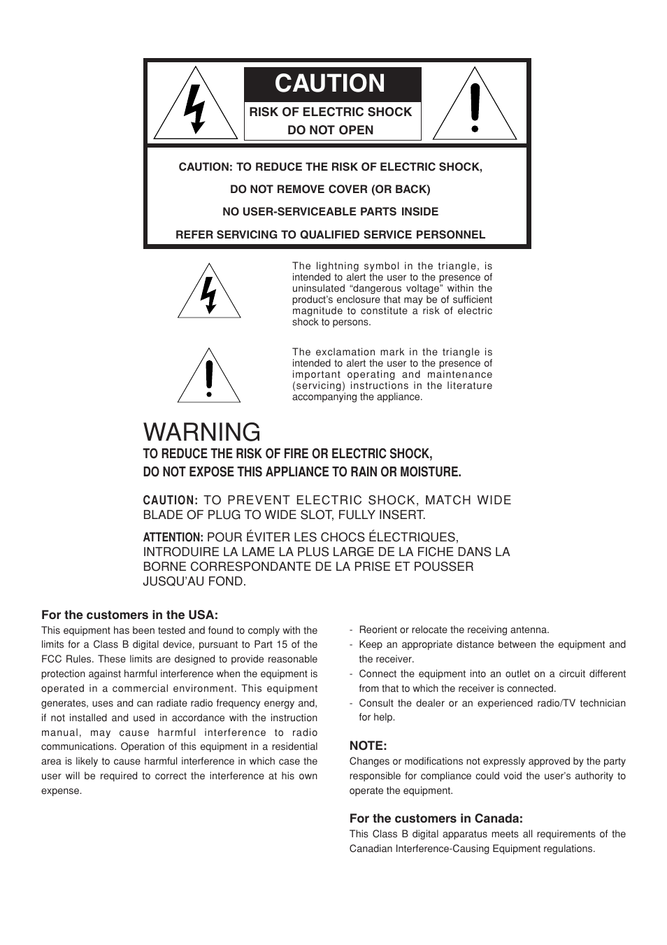 Caution, Warning | Marantz VP-12S1s User Manual | Page 2 / 30