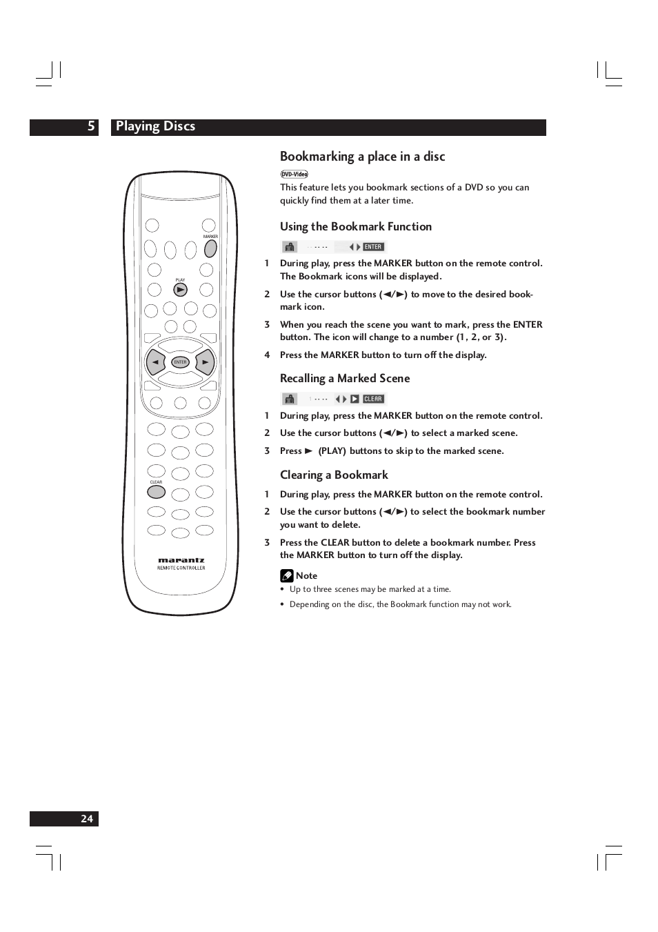 Playing discs 5, Bookmarking a place in a disc, Using the bookmark function | Recalling a marked scene, Clearing a bookmark | Marantz DV9600 User Manual | Page 24 / 68