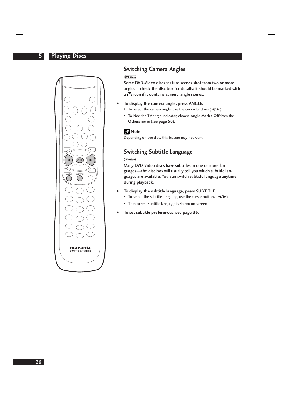 Playing discs 5, Switching camera angles, Switching subtitle language | Marantz DV9600 User Manual | Page 26 / 68