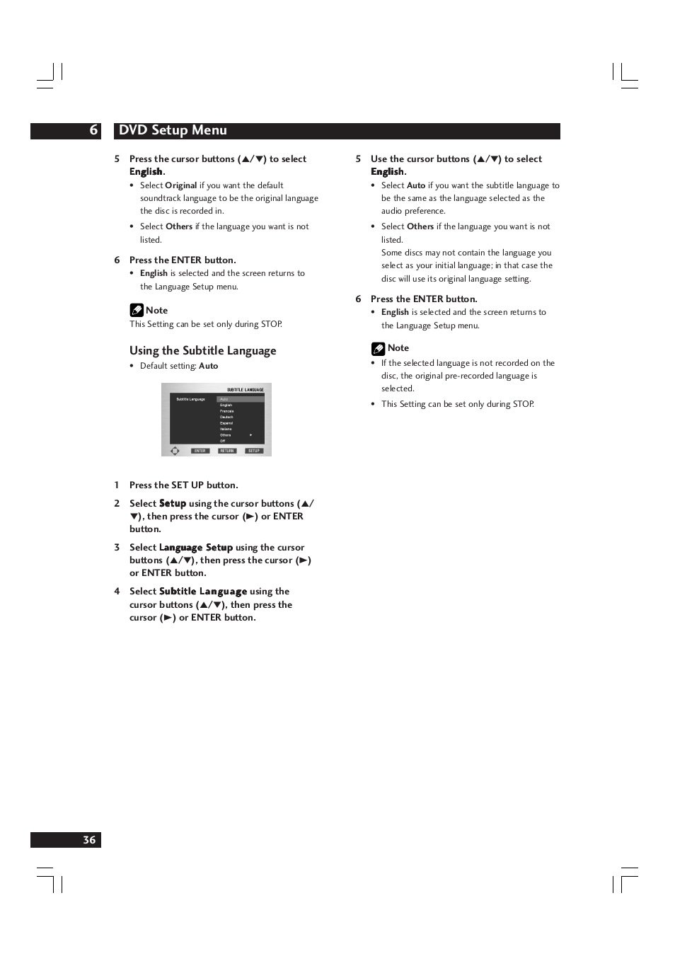Dvd setup menu 6, Using the subtitle language | Marantz DV9600 User Manual | Page 36 / 68