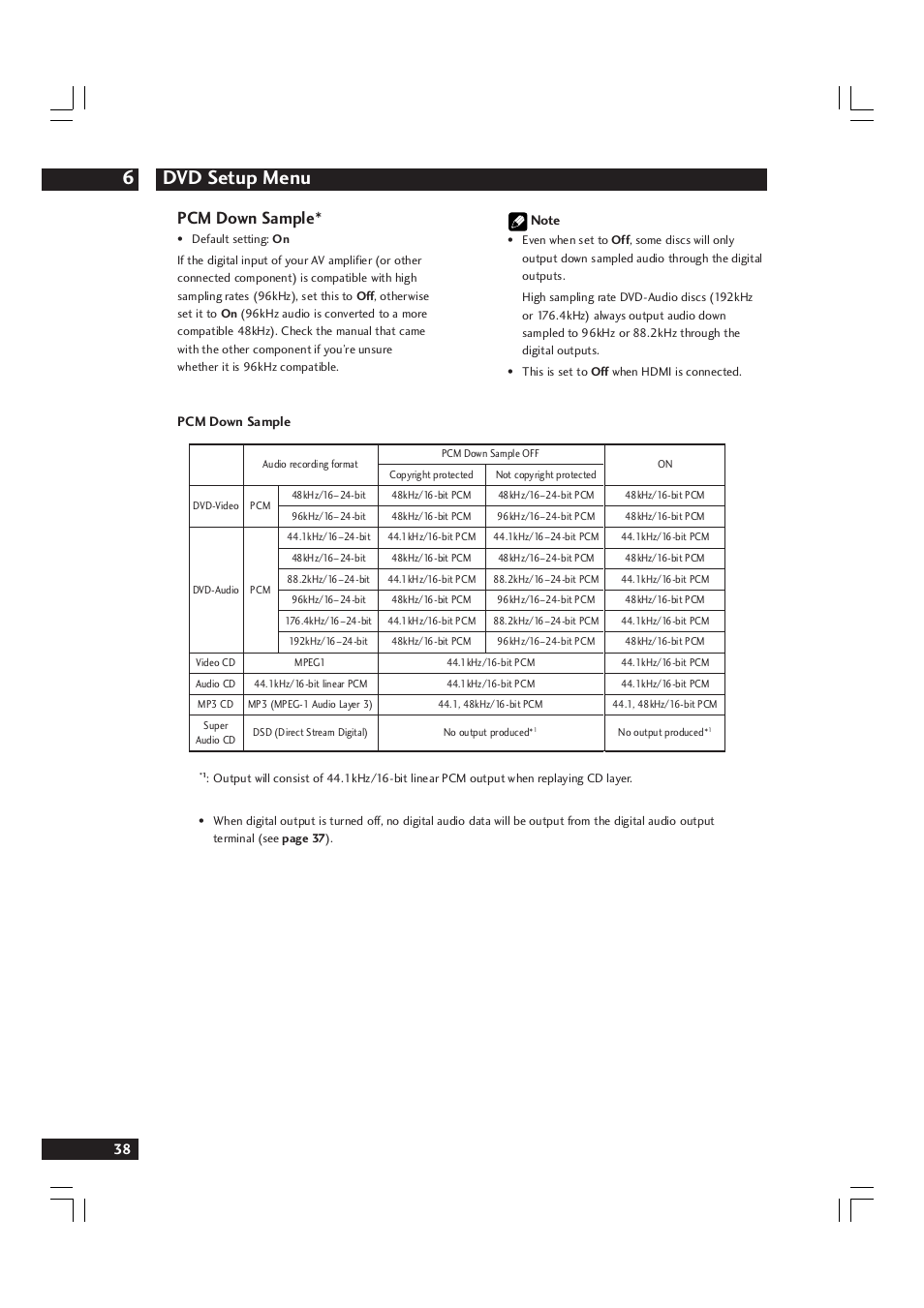 Dvd setup menu 6, Pcm down sample | Marantz DV9600 User Manual | Page 38 / 68