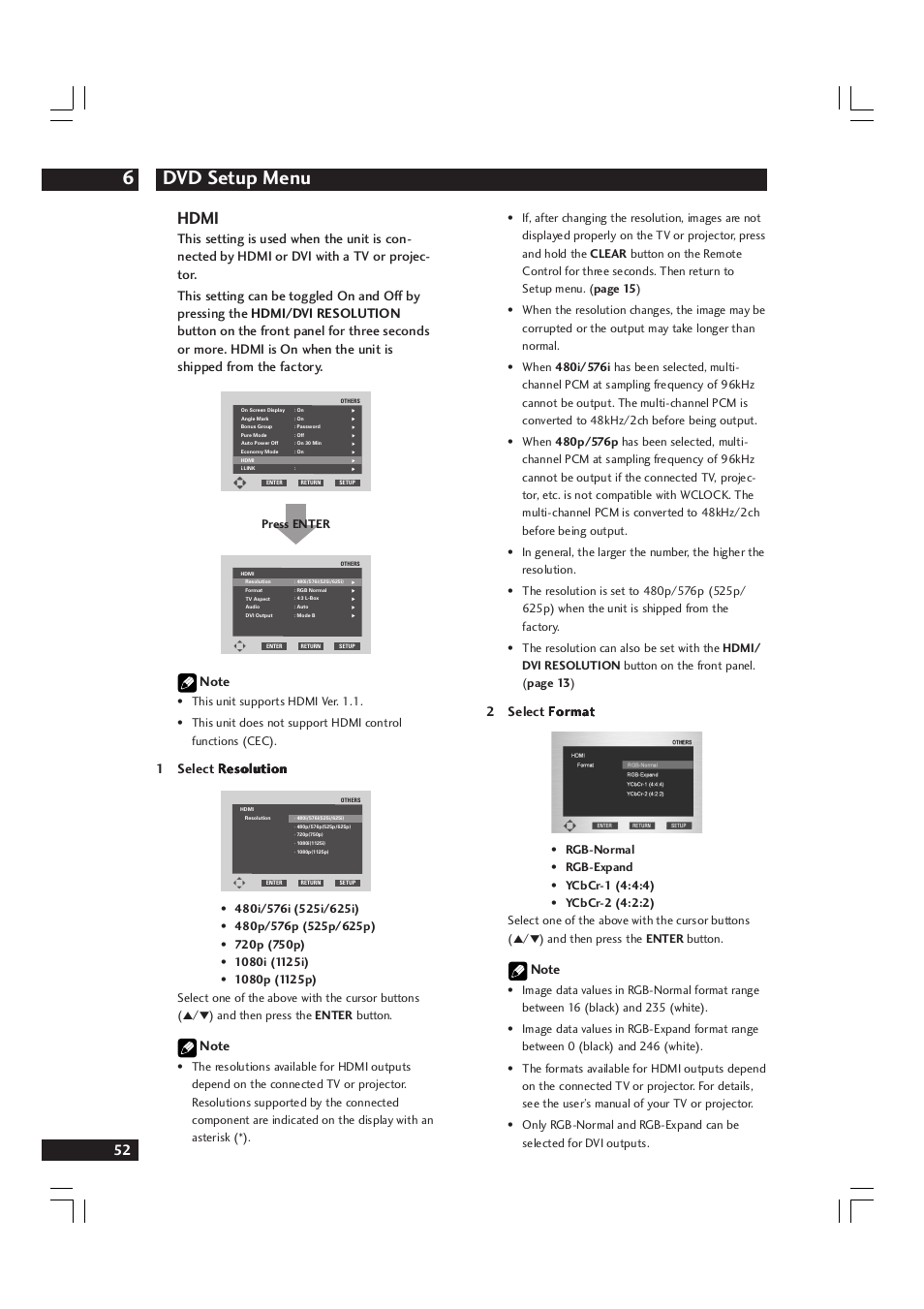 Dvd setup menu 6, Hdmi, 2 select format format format format format | Marantz DV9600 User Manual | Page 52 / 68