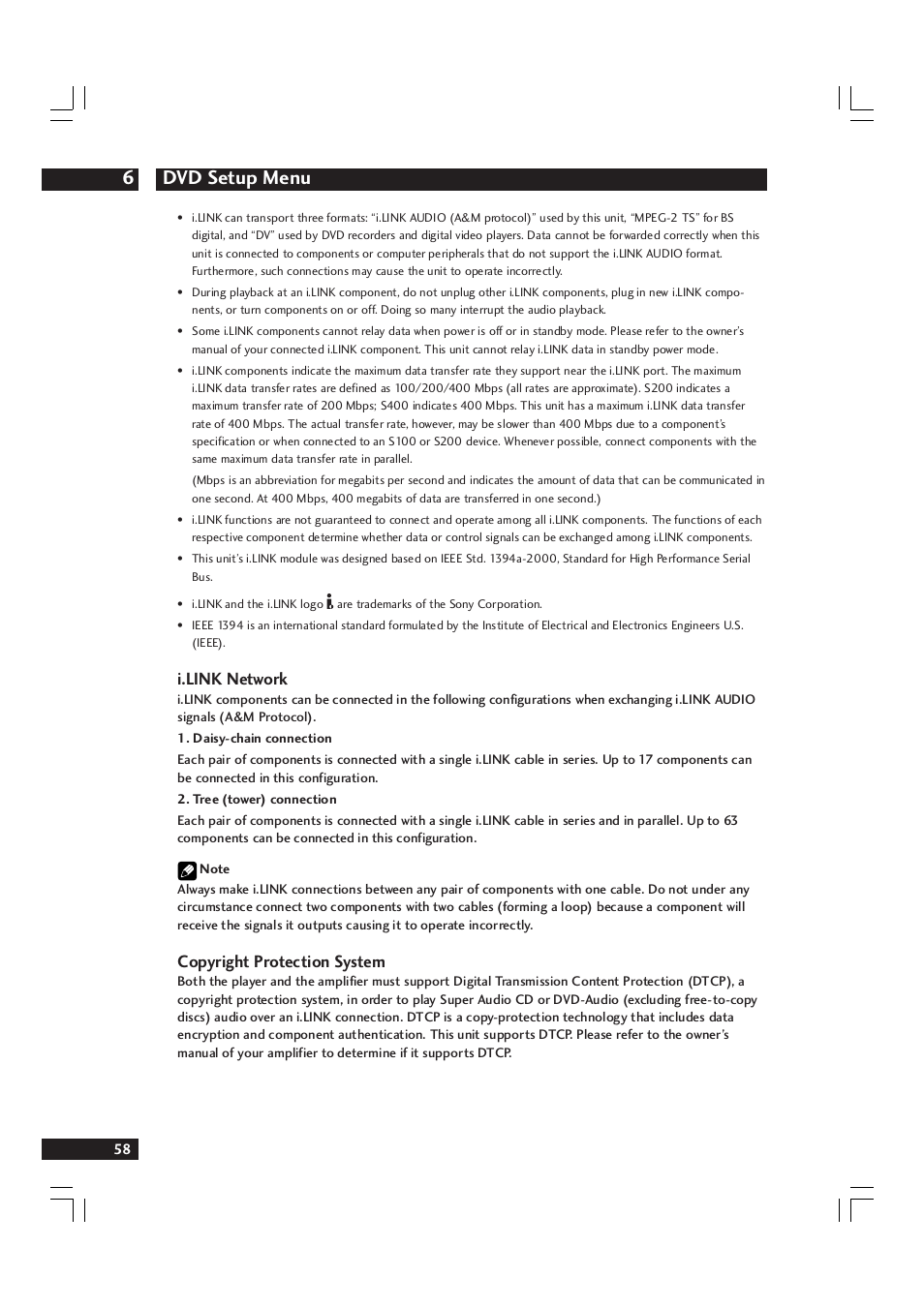Dvd setup menu 6, I.link network, Copyright protection system | Marantz DV9600 User Manual | Page 58 / 68