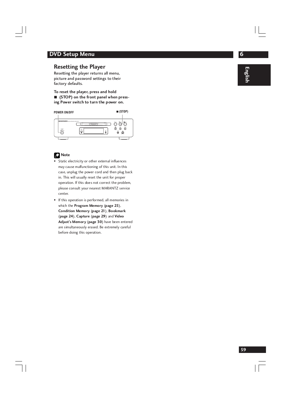6dvd setup menu, Resetting the player | Marantz DV9600 User Manual | Page 59 / 68