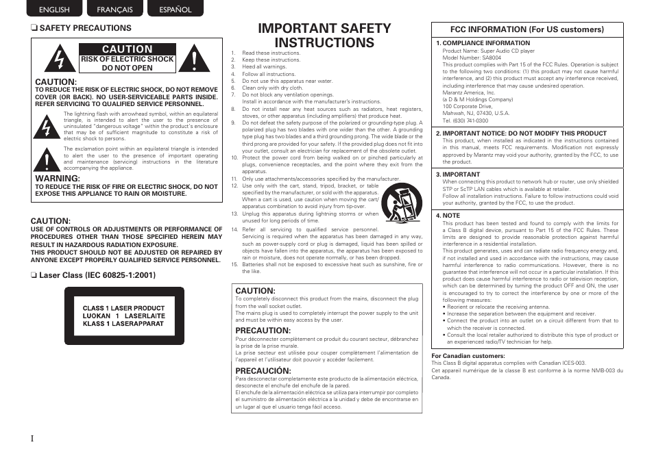 Important safety instructions, Caution | Marantz SA8004 User Manual | Page 2 / 31