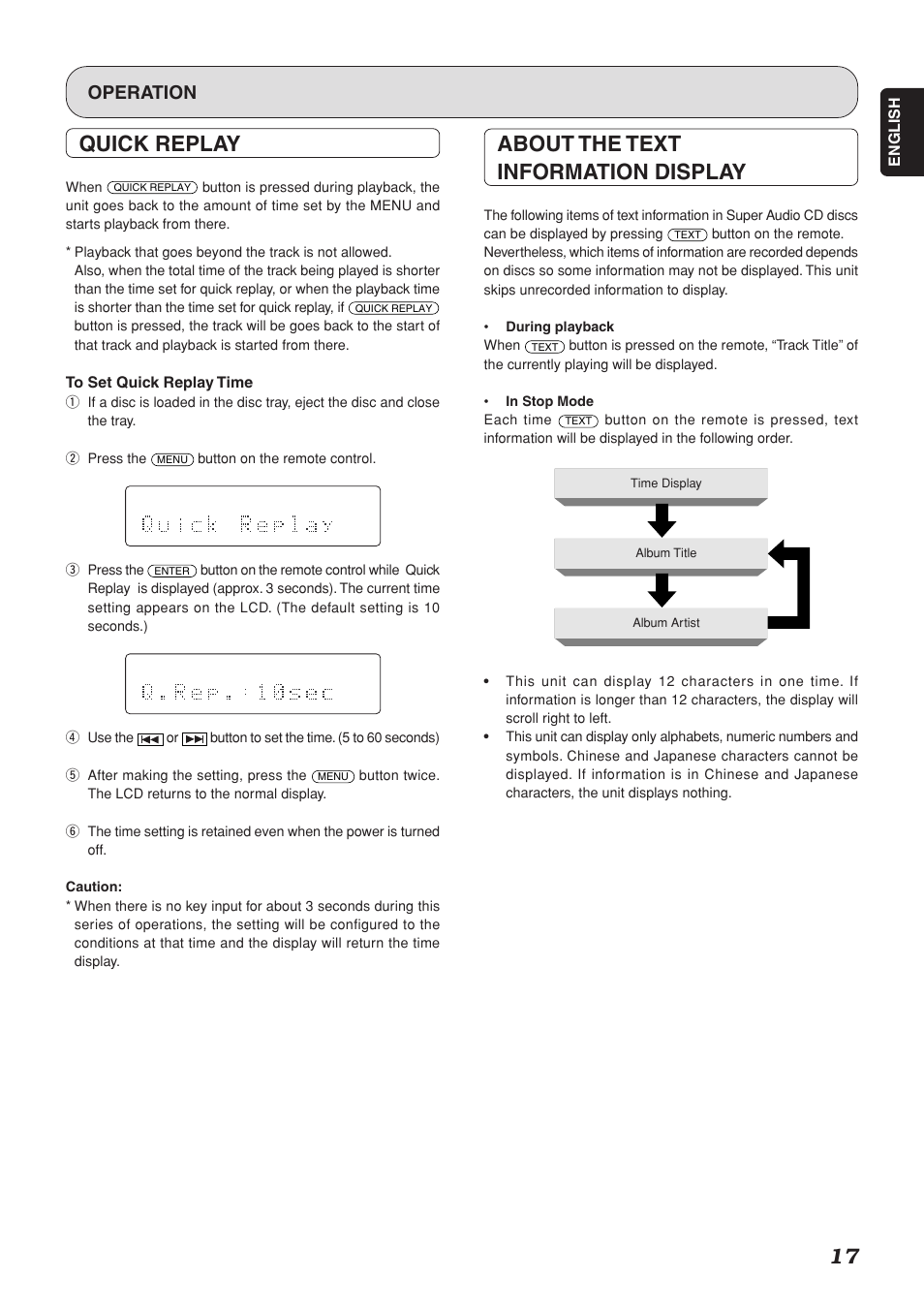 Quick replay, About the text information display, Operation | Marantz SA-15S1 User Manual | Page 21 / 25