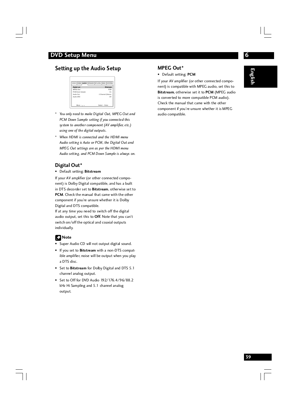 6dvd setup menu, Setting up the audio setup, English | Digital out, Mpeg out | Marantz DV7600 User Manual | Page 39 / 56