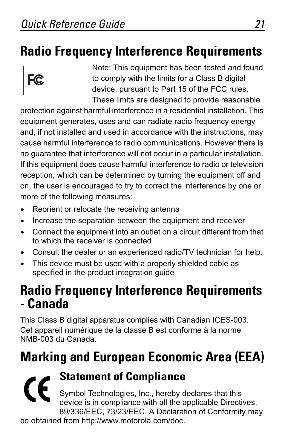 Radio frequency interference requirements, Radio frequency interference requirements - canada, Marking and european economic area (eea) | Statement of compliance, Quick reference guide 21 | Motorola SYMBOL MS120XWA User Manual | Page 21 / 24