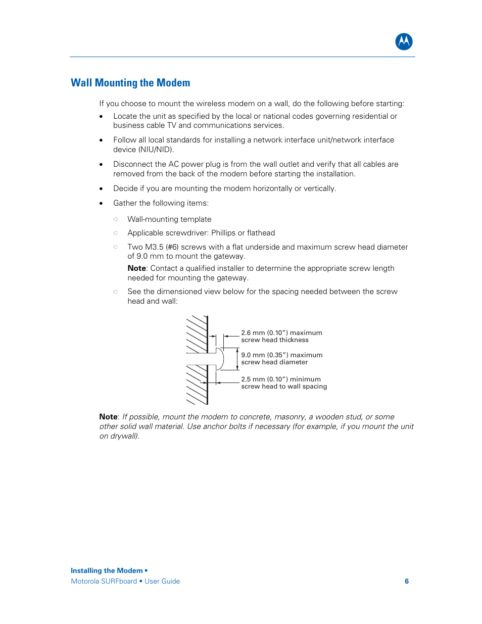 Wall mounting the modem | Motorola SURFboard SBG6580 Series User Manual | Page 14 / 36