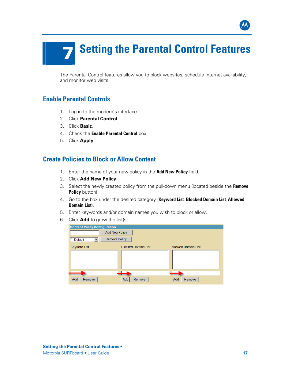Enable parental controls, Create policies to block or allow content, Setting the parental control features | Motorola SURFboard SBG6580 Series User Manual | Page 25 / 36