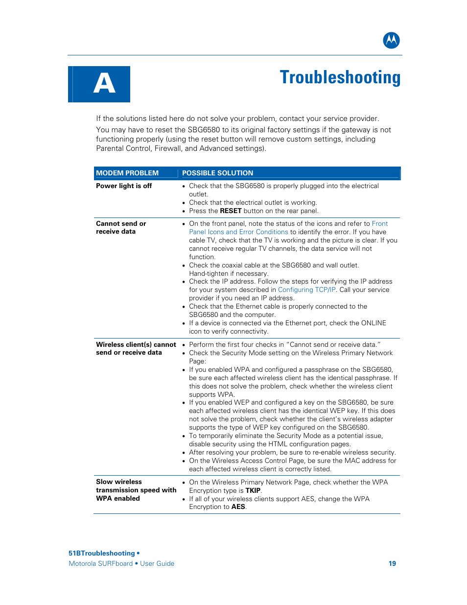Toubleshooting, Troubleshooting | Motorola SURFboard SBG6580 Series User Manual | Page 27 / 36
