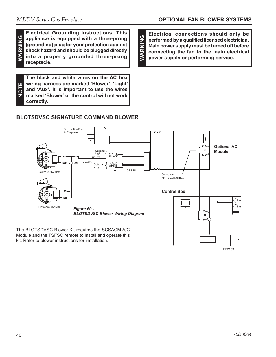 Mldv series gas fireplace, Fp2684 blotsdvsc fan wiring, Warning | Blotsdvsc signature command blower | Monessen Hearth DIRECT VENT MLDV500 User Manual | Page 40 / 68