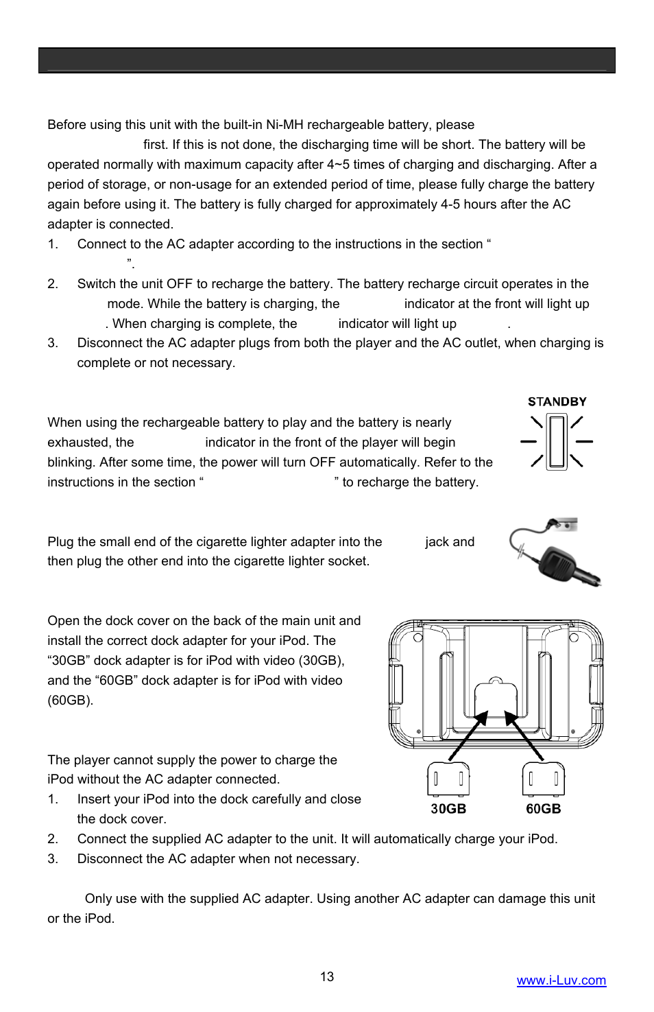 Getting started, Charging your dvd player, Battery low indication | Using the cigarette lighter adapter, Installing the dock adapter for your ipod, Charging your ipod | Iluv i1055 User Manual | Page 14 / 36