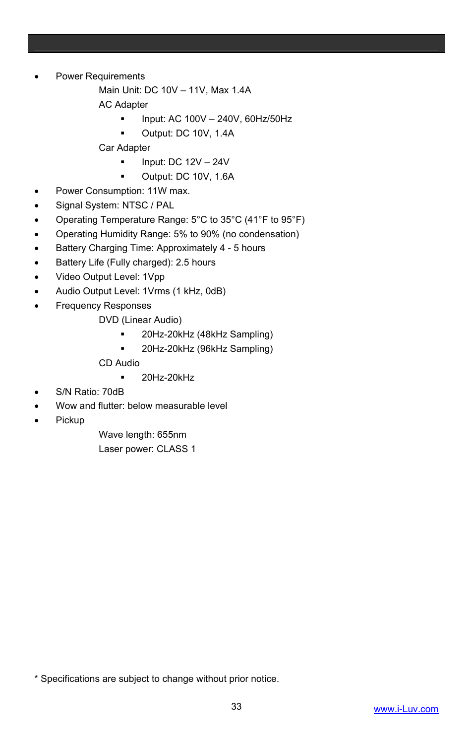 Specifications | Iluv i1055 User Manual | Page 34 / 36