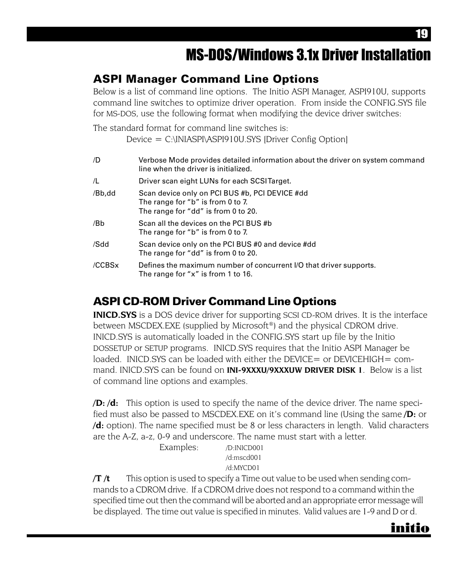 Ms-dos/windows 3.1x driver installation, Initio, Aspi manager command line options | Aspi cd-rom driver command line options | Initio INI-9090U User Manual | Page 23 / 64