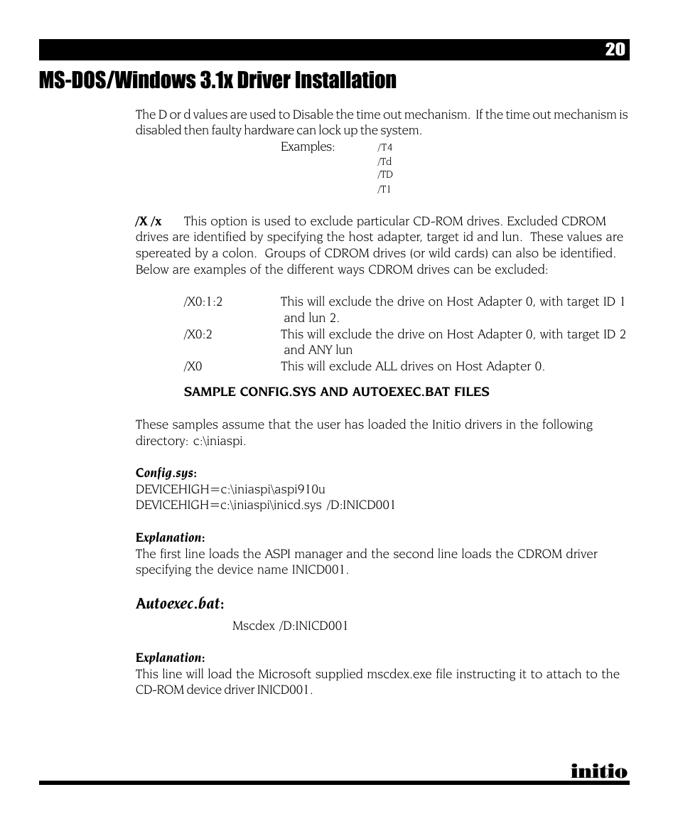 Ms-dos/windows 3.1x driver installation, Initio, Autoexec.bat | Initio INI-9090U User Manual | Page 24 / 64
