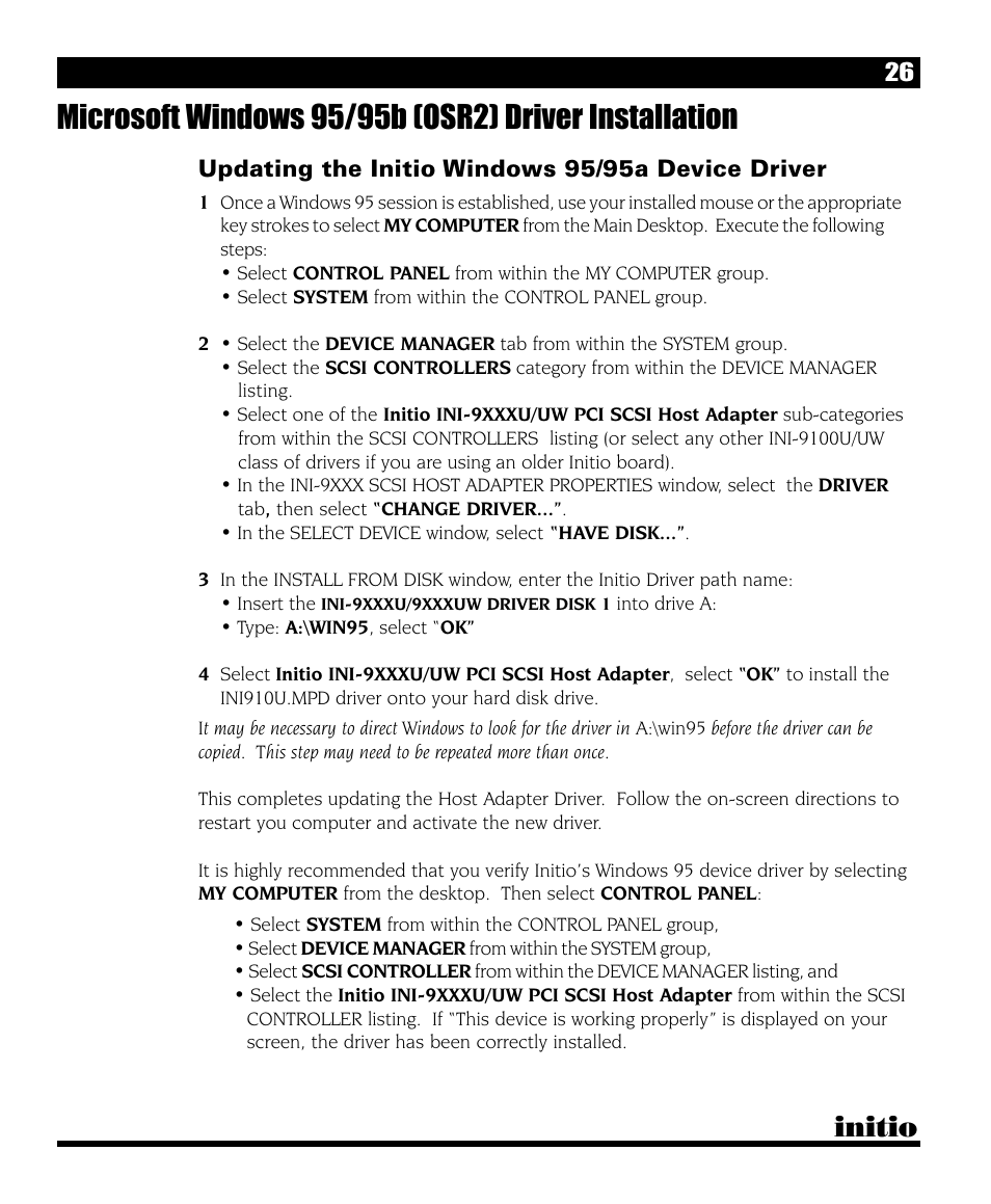 Initio, Updating the initio windows 95/95a device driver | Initio INI-9090U User Manual | Page 30 / 64