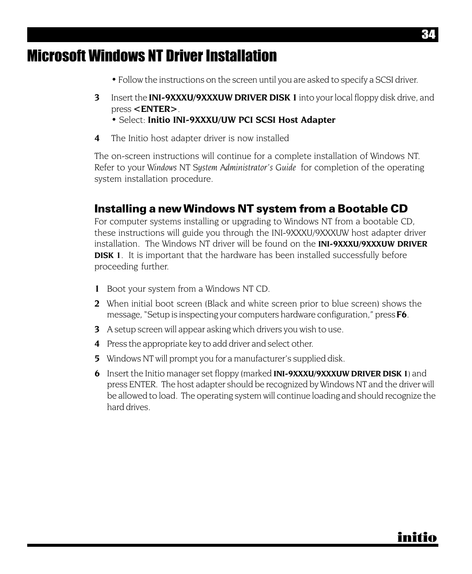 Microsoft windows nt driver installation, Initio | Initio INI-9090U User Manual | Page 38 / 64