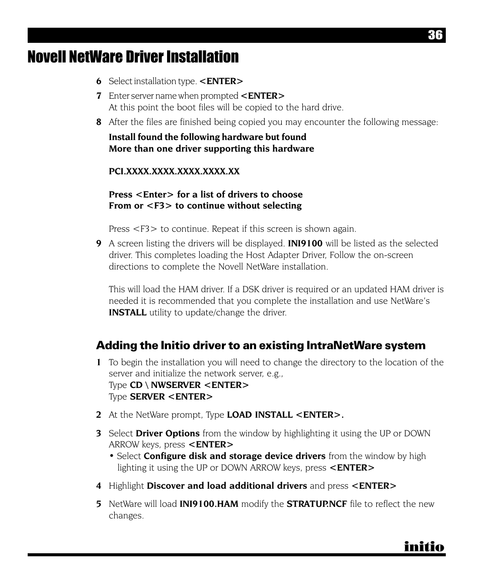 Novell netware driver installation, Initio | Initio INI-9090U User Manual | Page 40 / 64