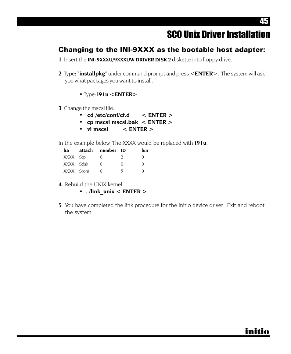 Sco unix driver installation, Initio | Initio INI-9090U User Manual | Page 49 / 64