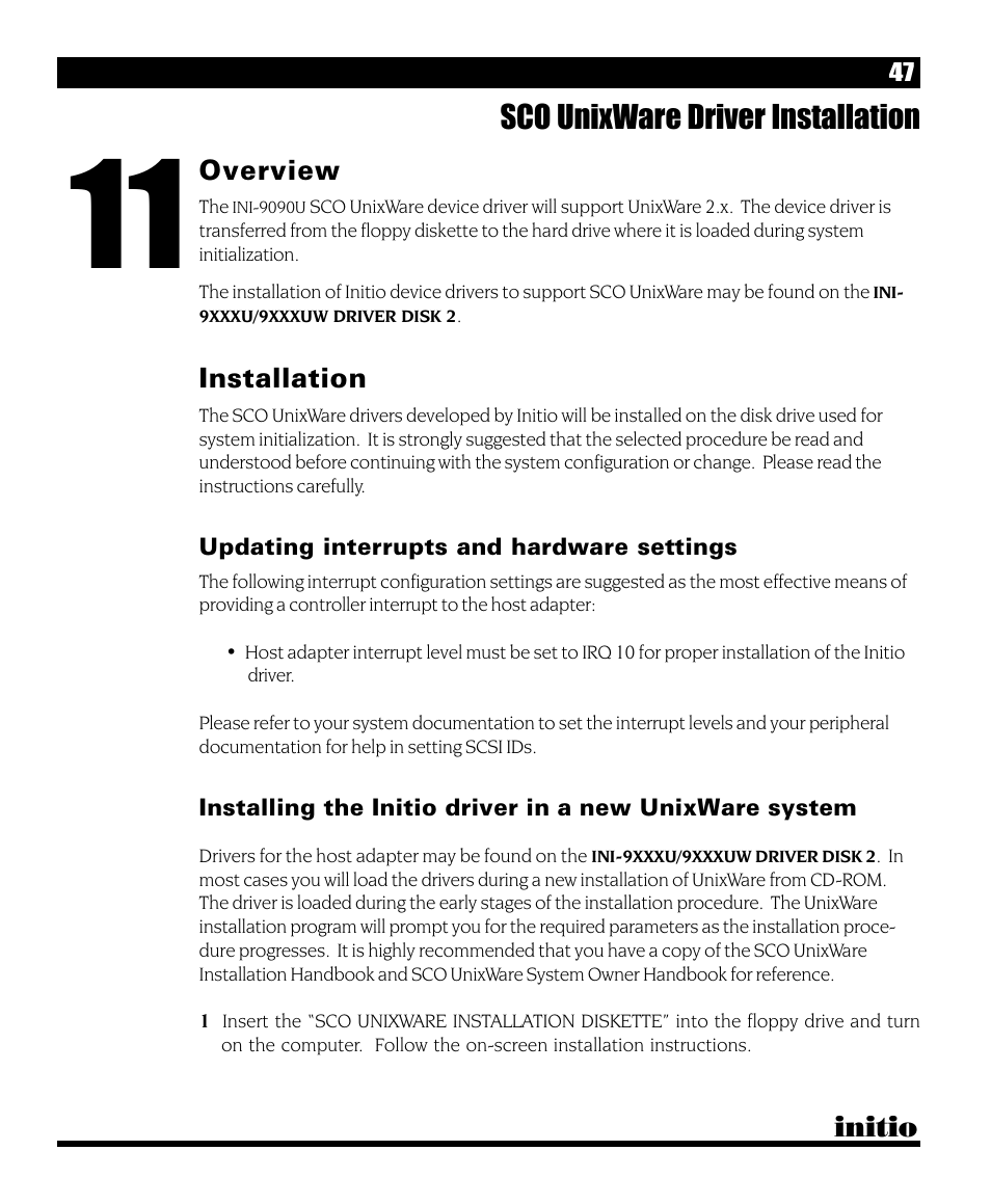 Sco unixware driver installation, Initio, Overview | Installation | Initio INI-9090U User Manual | Page 51 / 64