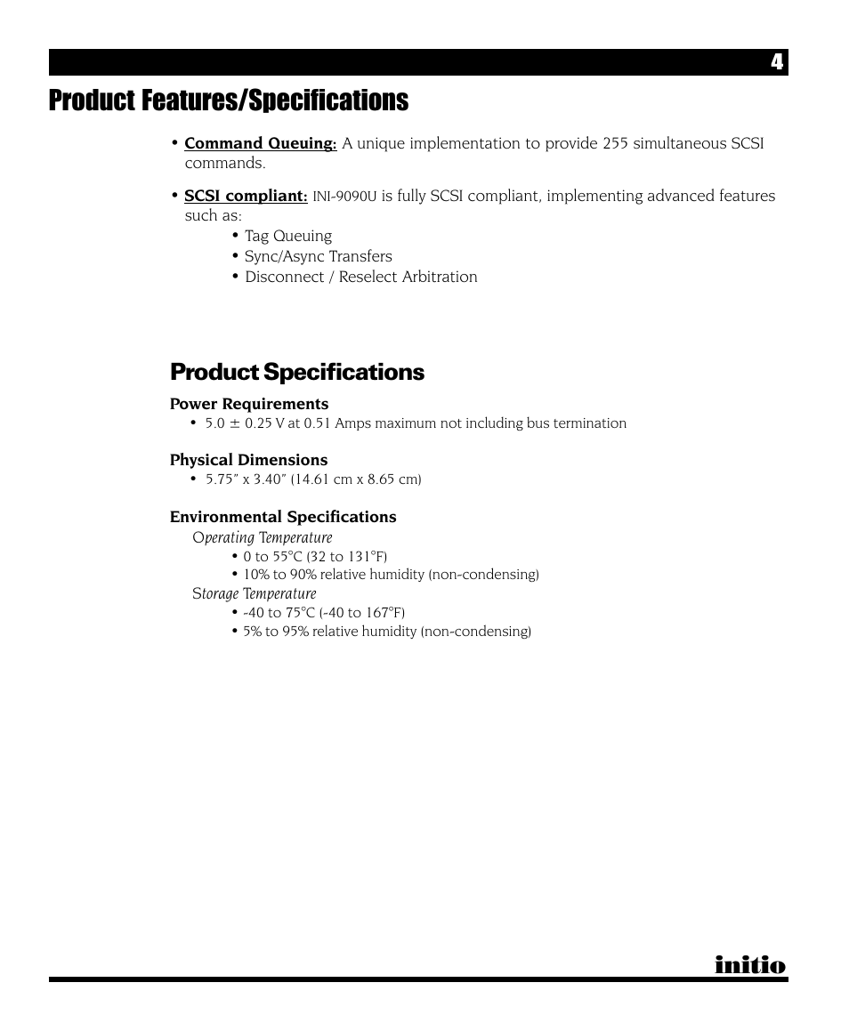 Product features/specifications, Initio, Product specifications | Initio INI-9090U User Manual | Page 8 / 64