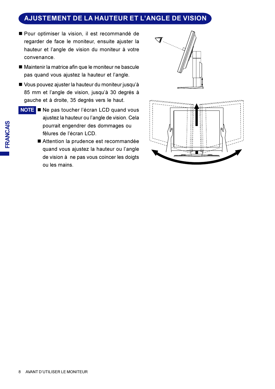 Ajustement de la hauteur et l’angle de vision | Iiyama AX3819UT BK User Manual | Page 58 / 136