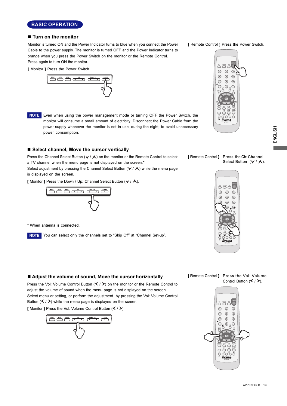 Basic operation n turn on the monitor, N select channel, move the cursor vertically | Iiyama L403W User Manual | Page 21 / 32