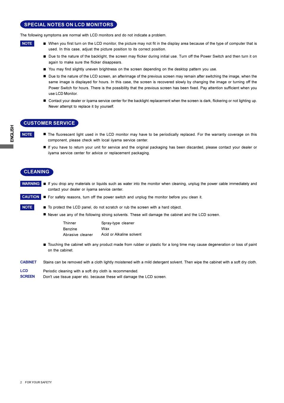 Customer service cleaning | Iiyama L403W User Manual | Page 4 / 32