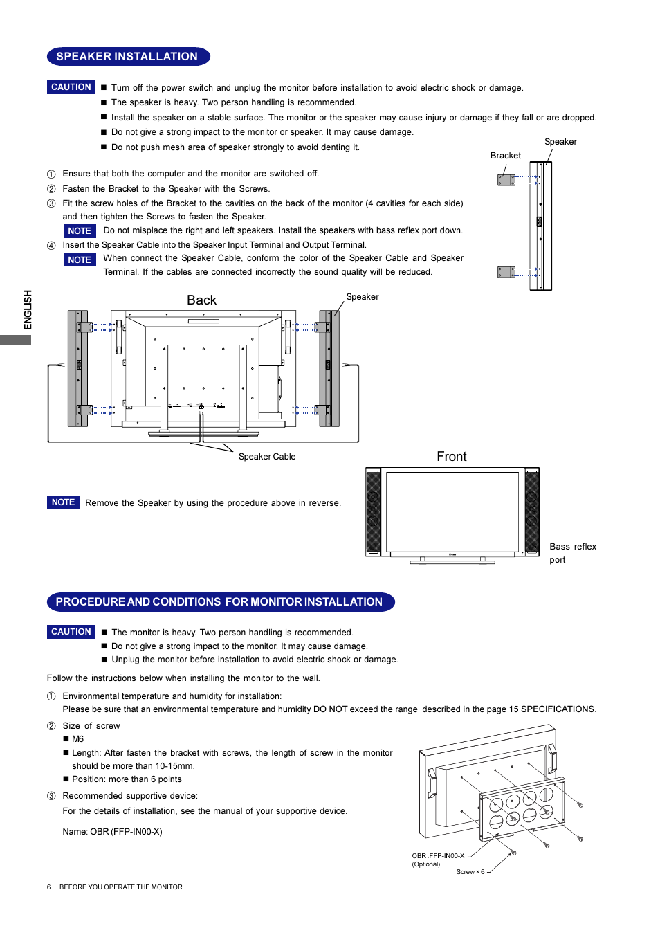 Back, Front, Speaker installation | Procedure and conditions for monitor installation | Iiyama L403W User Manual | Page 8 / 32