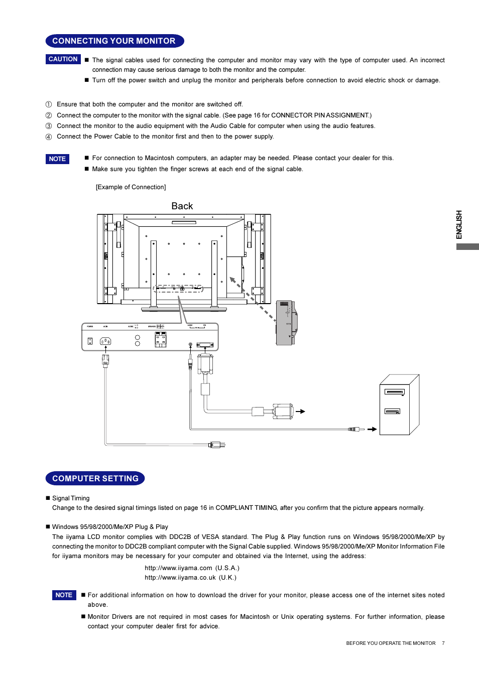 Back, Connecting your monitor, Computer setting | Iiyama L403W User Manual | Page 9 / 32