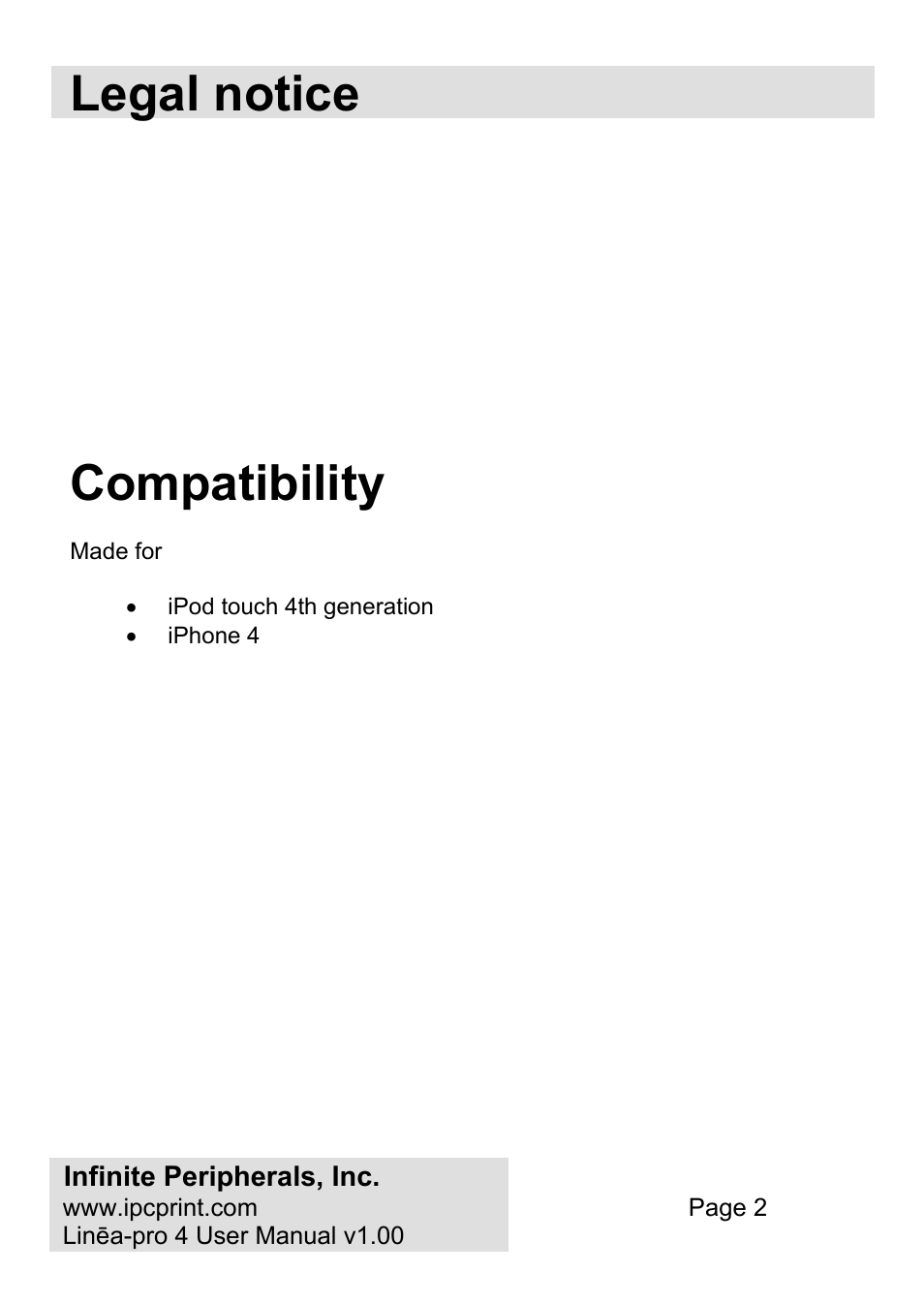 Legal notice, Compatibility | Infinite Peripherals PRO 4 User Manual | Page 2 / 24