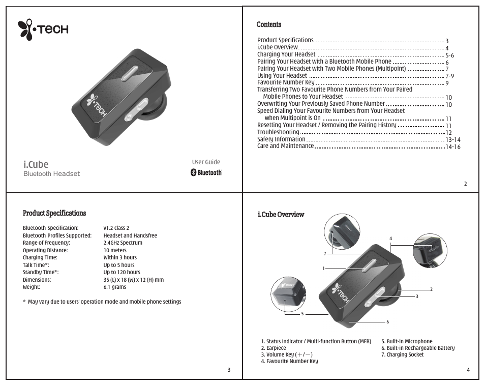 i. Tech Dynamic Bluetooth Headset i.Cube User Manual | 5 pages
