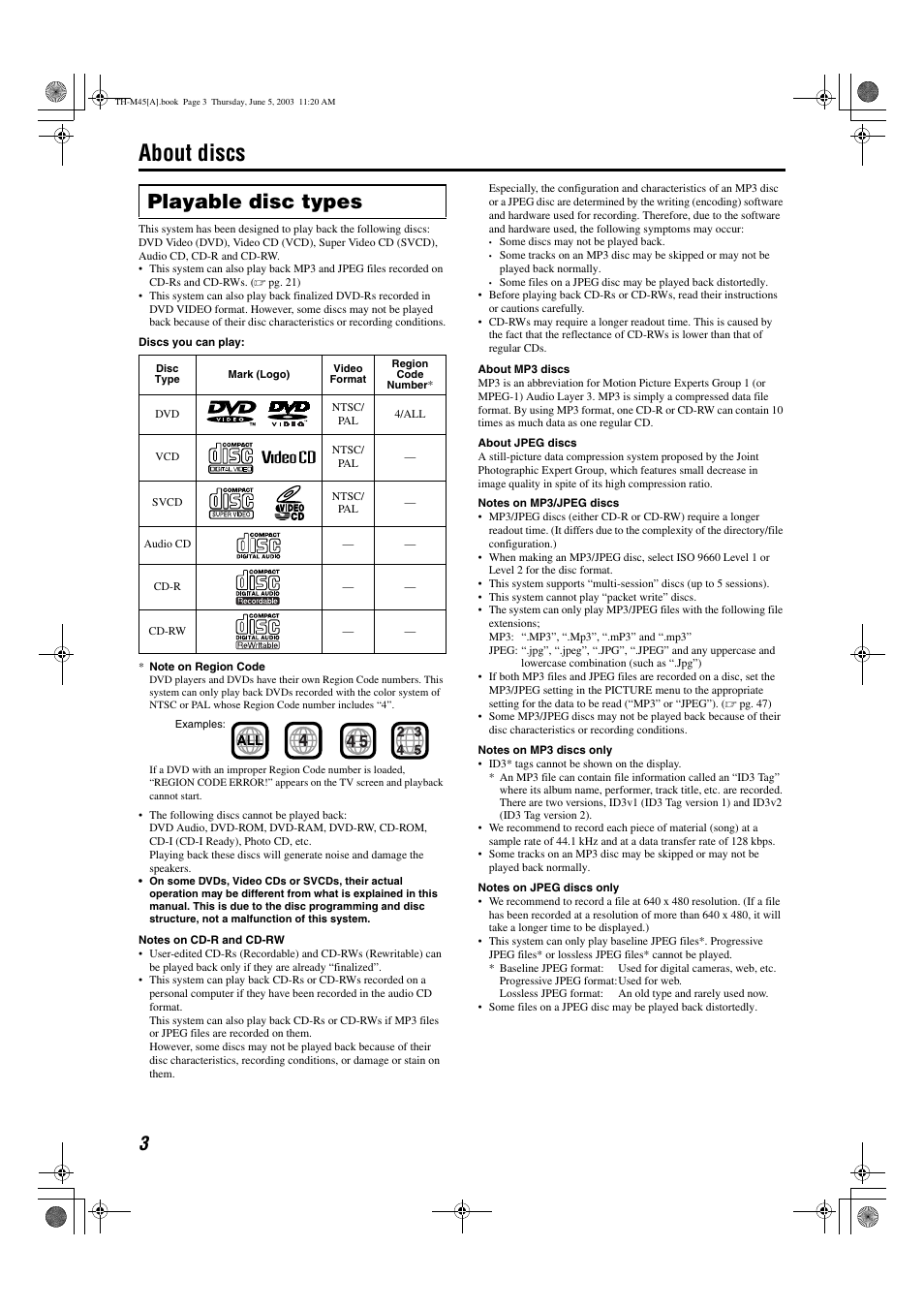 About discs, Playable disc types, English | JVC SP-THM45C User Manual | Page 6 / 64