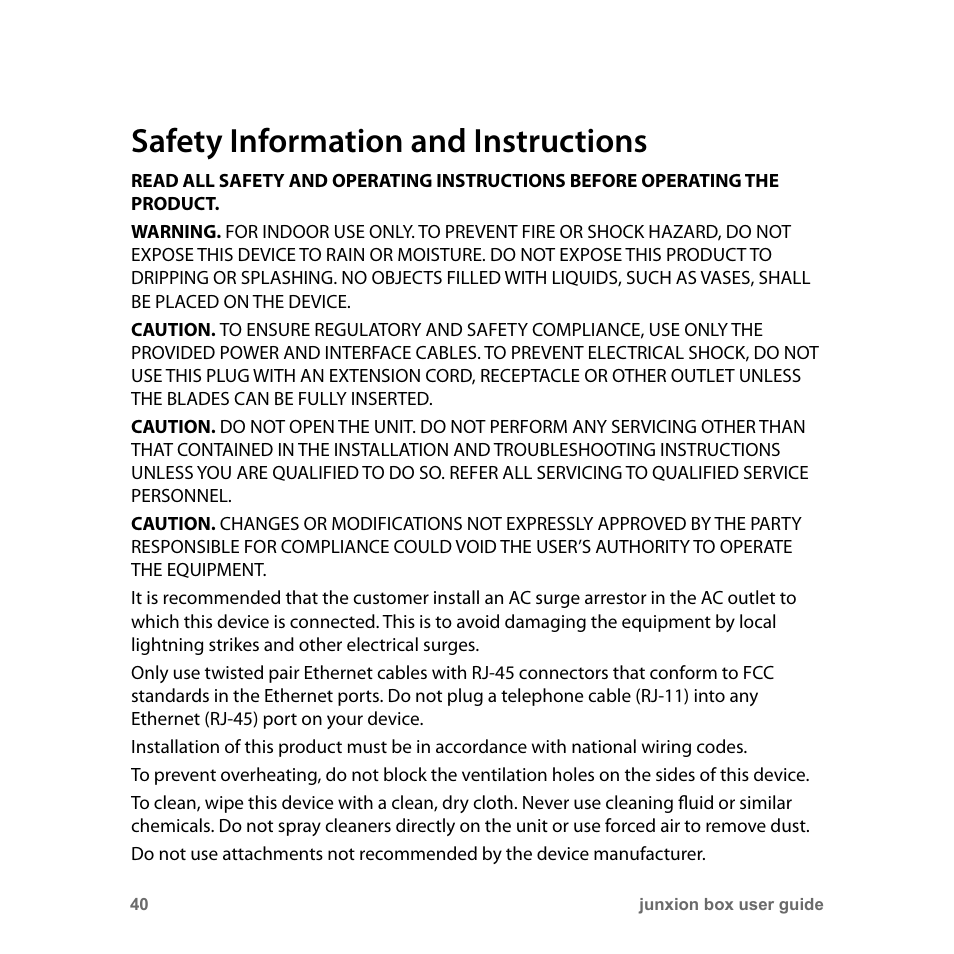 Safety information and instructions | Junxion Box JB-110B User Manual | Page 40 / 48