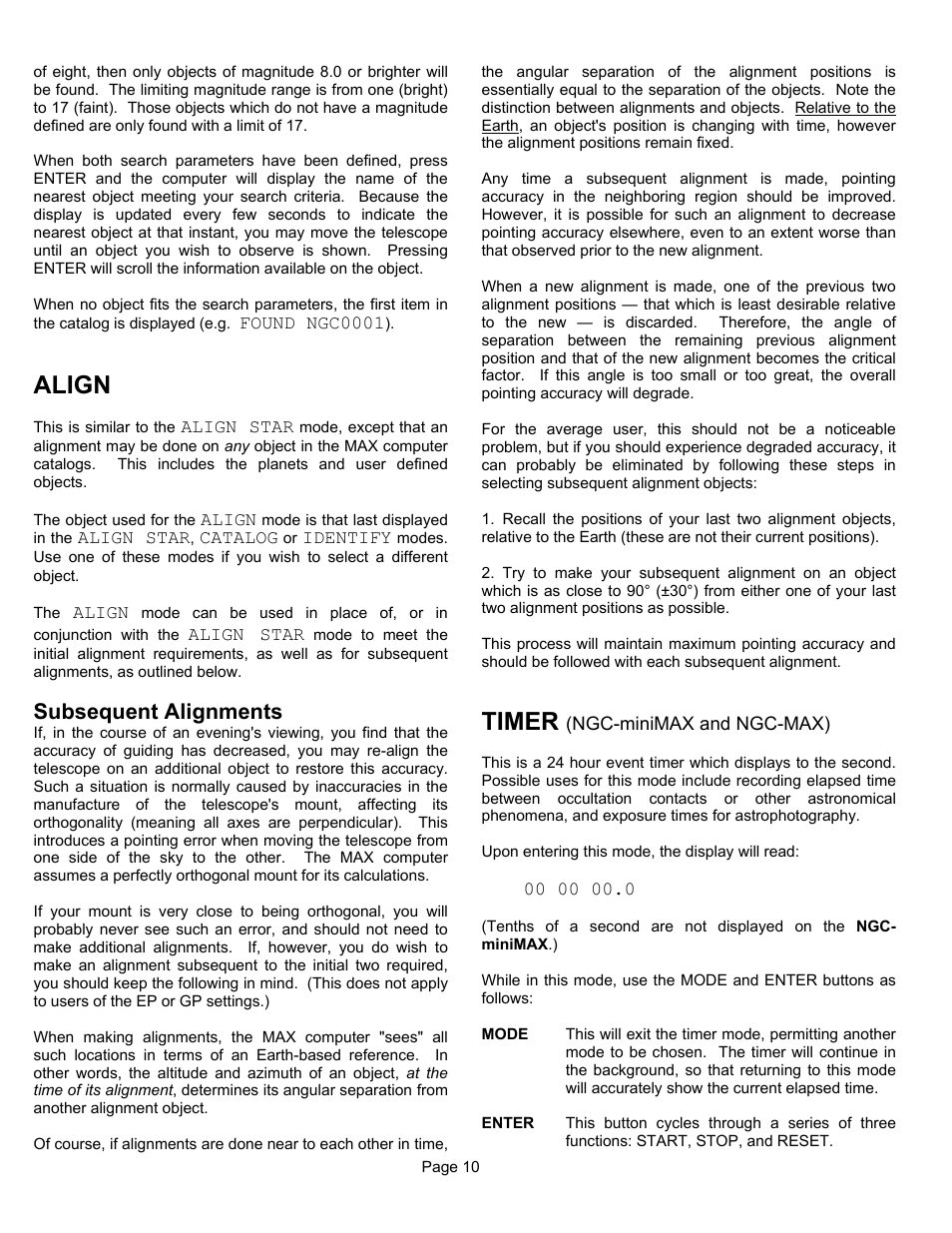 Align, Timer, Subsequent alignments | JMI Telescopes MAX Computer User Manual | Page 10 / 16